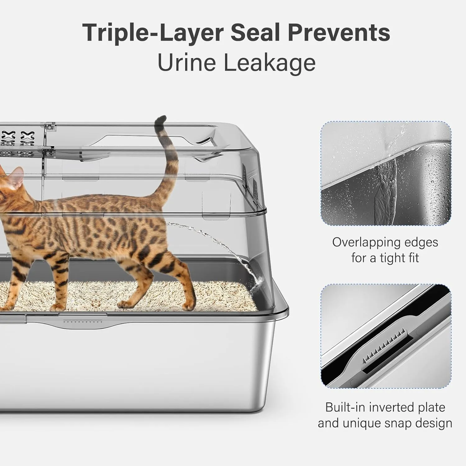 Stainless Steel Litter Box with Lid, XL Extra Large Enclosed Cat Litter Box for Big Cats 110 Flip Cover, Top Entry Metal High Sided Cat Box & Pedal & Scoop, Anti-Leakage (White)
