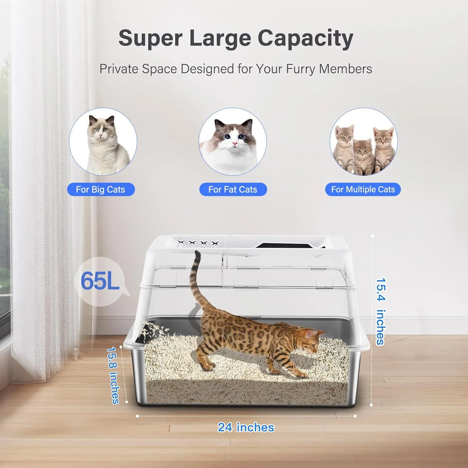 Stainless Steel Litter Box with Lid, XL Extra Large Enclosed Cat Litter Box for Big Cats 110 Flip Cover, Top Entry Metal High Sided Cat Box & Pedal & Scoop, Anti-Leakage (White)
