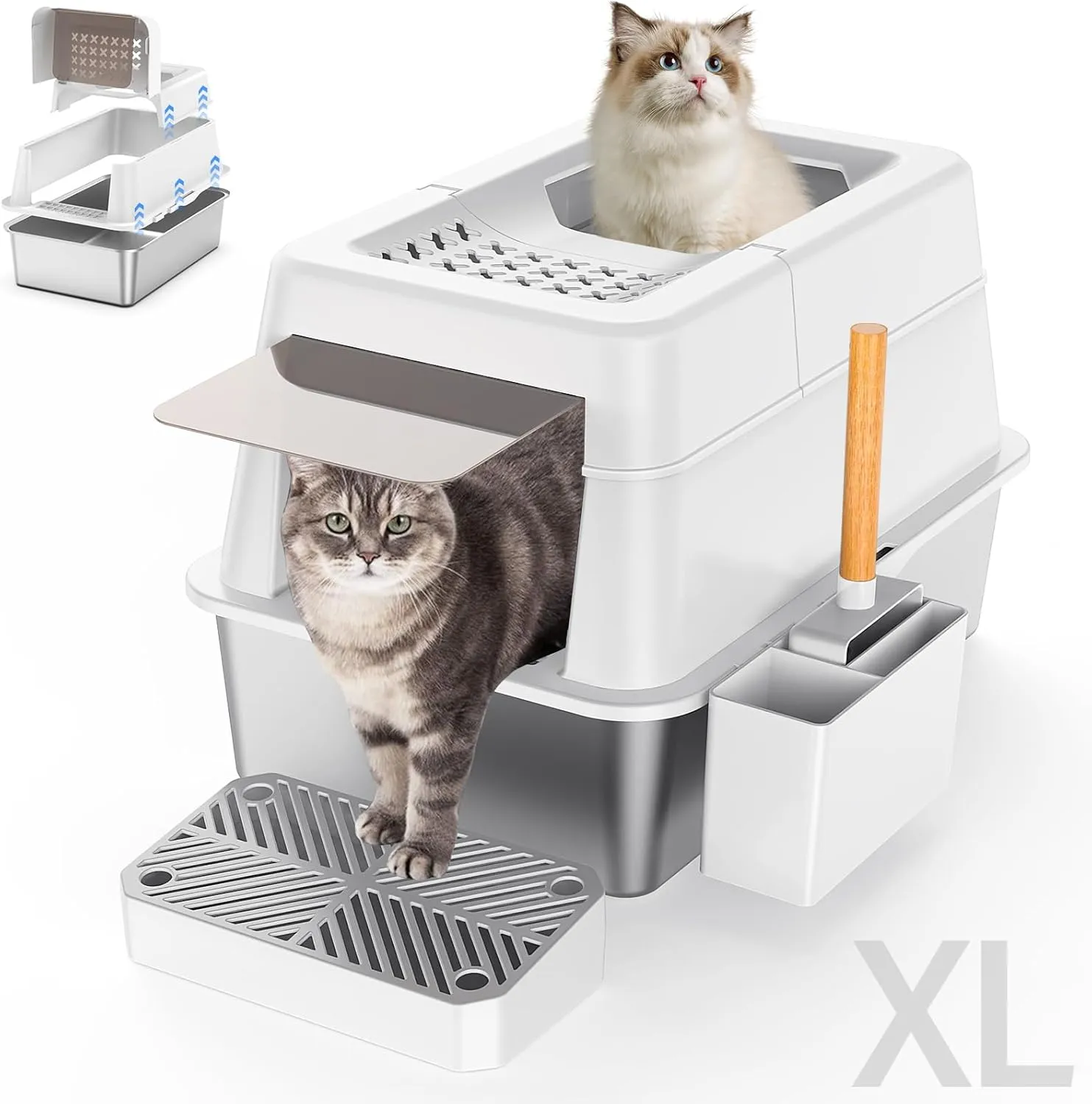 Stainless Steel Litter Box with Lid, XL Extra Large Enclosed Cat Litter Box for Big Cats 110 Flip Cover, Top Entry Metal High Sided Cat Box & Pedal & Scoop, Anti-Leakage (White)