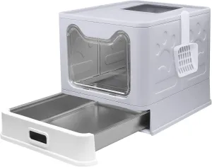 Stainless Steel Litter Box with Lid,Large Foldable Litter Box with Lid,Covered Top Entry Litter Boxs,Enclosed Cat Litter Boxs with Litter Scoop for Big and Small Cats(Gray)