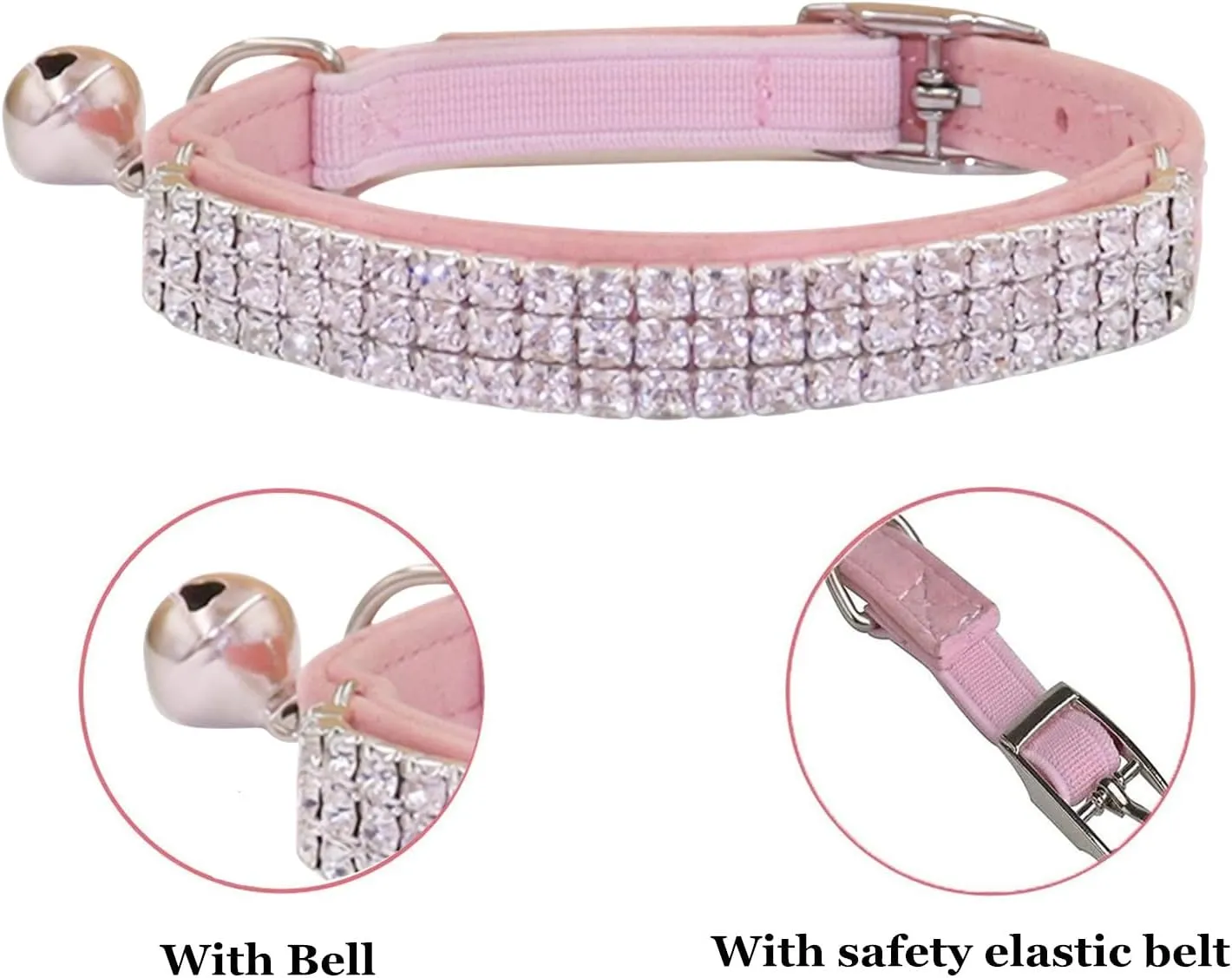 THAIN Rhinestones Cat Dog Collar Soft Velvet Safe Adjustable Collar Bling Diamante with Bells, 8-11 inch for Small Dogs and Cats (Pink Black)