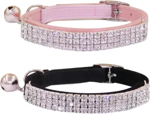 THAIN Rhinestones Cat Dog Collar Soft Velvet Safe Adjustable Collar Bling Diamante with Bells, 8-11 inch for Small Dogs and Cats (Pink Black)