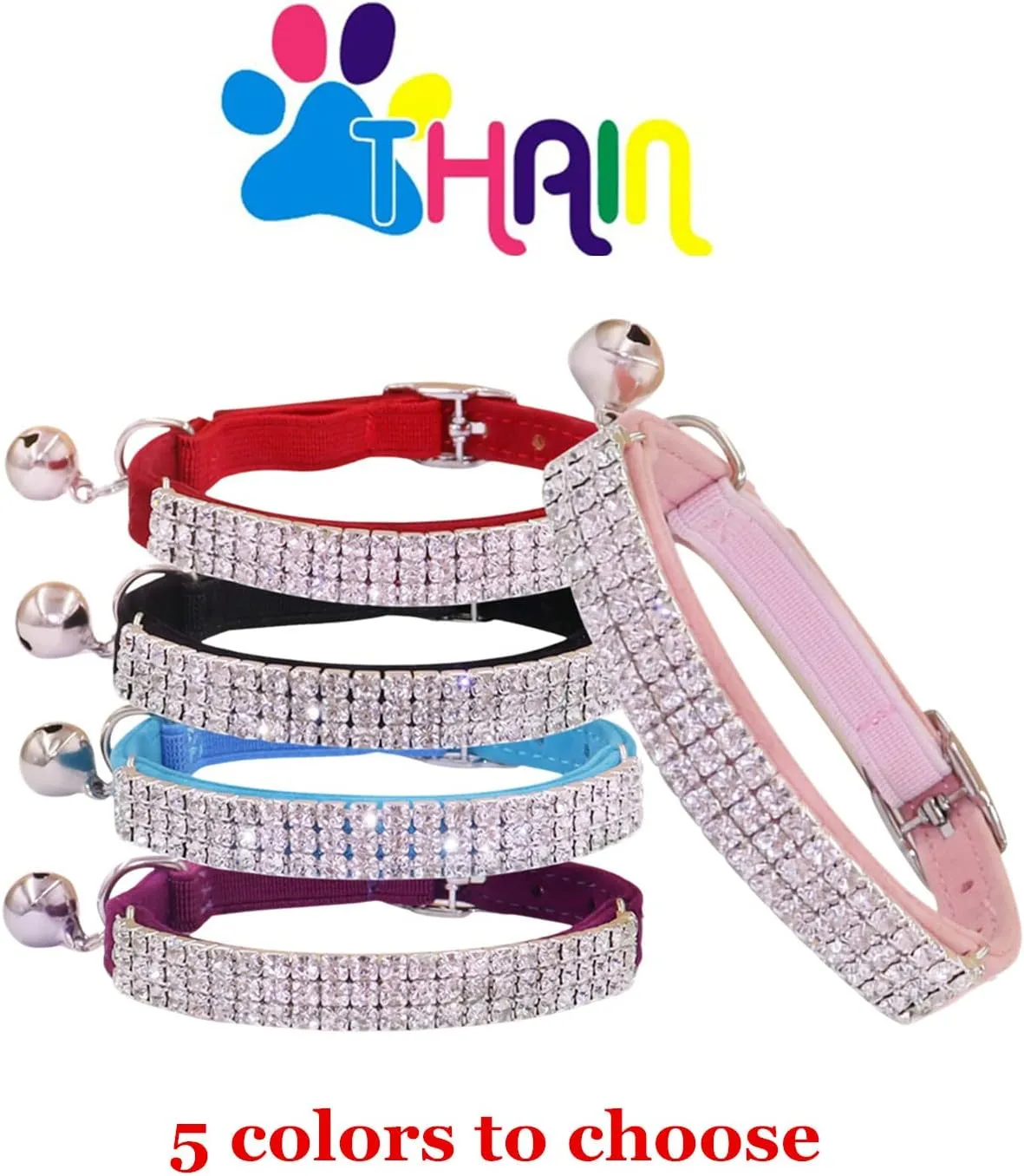 THAIN Rhinestones Cat Dog Collar Soft Velvet Safe Adjustable Collar Bling Diamante with Bells, 8-11 inch for Small Dogs and Cats (Pink Black)