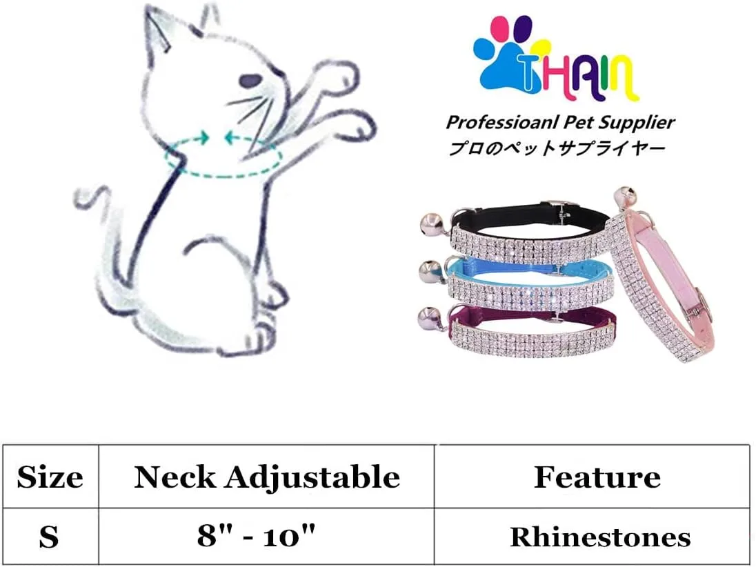 THAIN Rhinestones Cat Dog Collar Soft Velvet Safe Adjustable Collar Bling Diamante with Bells, 8-11 inch for Small Dogs and Cats (Pink Black)