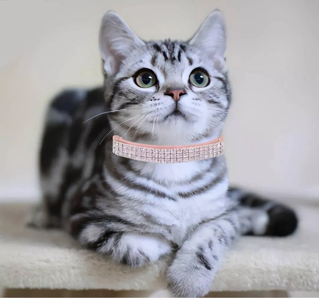 THAIN Rhinestones Cat Dog Collar Soft Velvet Safe Adjustable Collar Bling Diamante with Bells, 8-11 inch for Small Dogs and Cats (Pink Black)