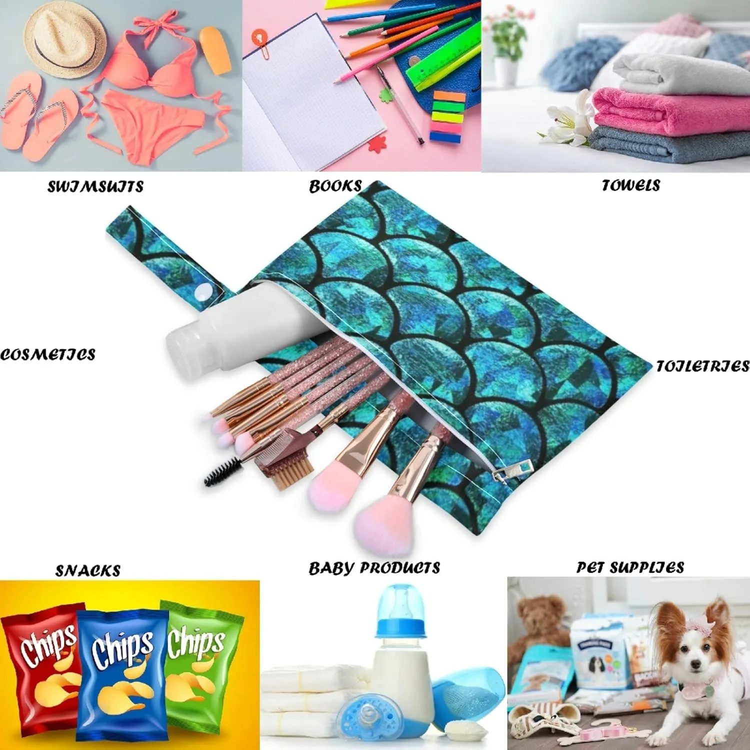 visesunny Blue Mermaid Scale 2Pcs Wet Bag with Zippered Pockets Washable Reusable Roomy for Travel,Beach,Pool,Daycare,Stroller,Diapers,Dirty Gym Clothes, Wet Swimsuits, Toiletries