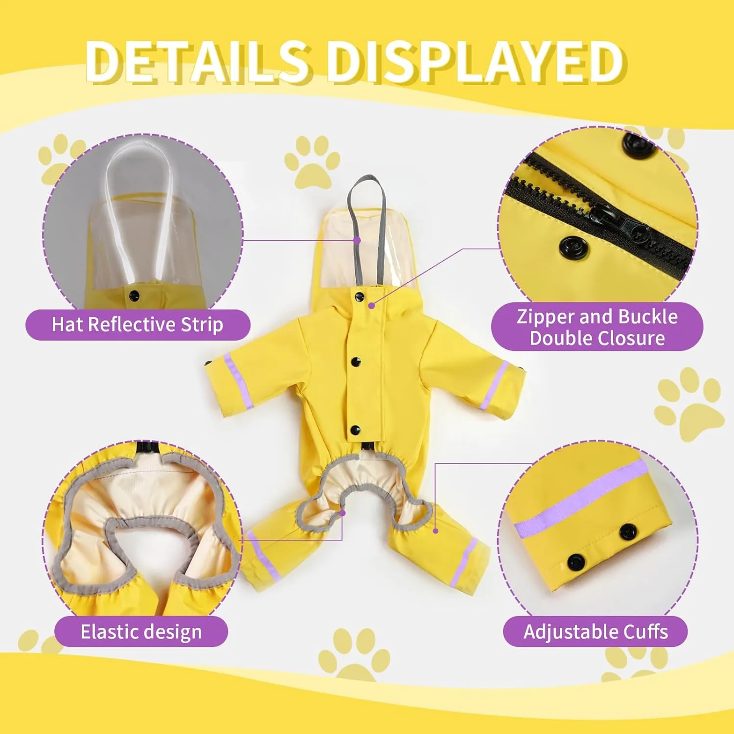 Waterproof Dog Raincoat, Adjustable Dog Rain Jacket,Reflective Lightweight Raincoat Clothes with Poncho Hood