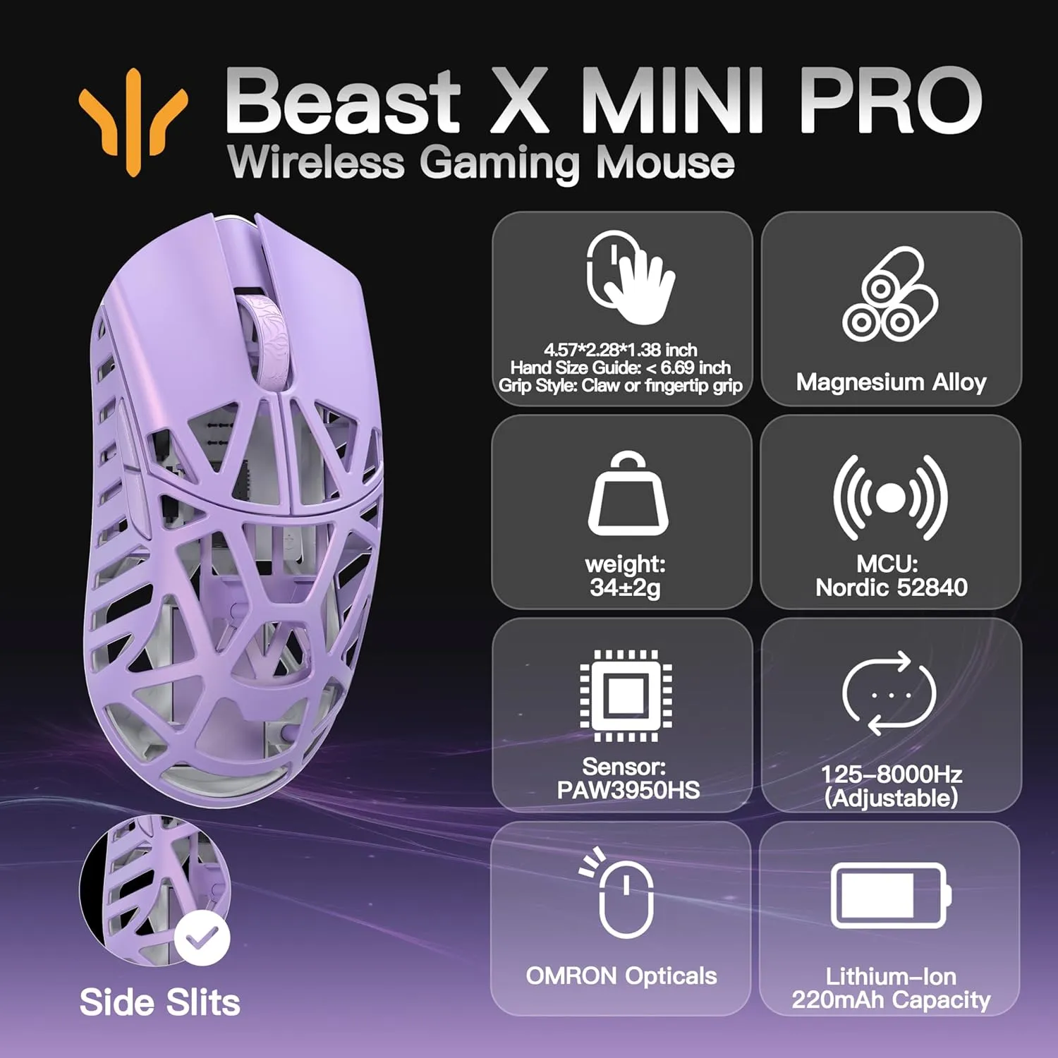 WLMOUSE Beast X Mini Pro Ultra-Light 34g Magnesium Gaming Mouse, PAW3950 HS Sensor, 8K Polling Rate, 30000 DPI,OM & TTC Switches, Customizable Side Panels.(Soft Lilac(OM Switch-Side Slits))